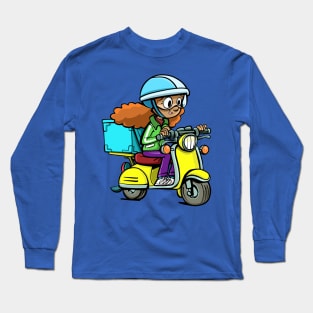 girl from a courier service on a motorcycle delivers a package Long Sleeve T-Shirt